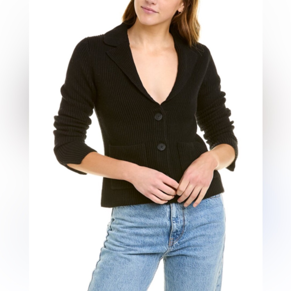 White + Warren Wool Cotton Blend Cardigan Jacket Blazer Black Knit